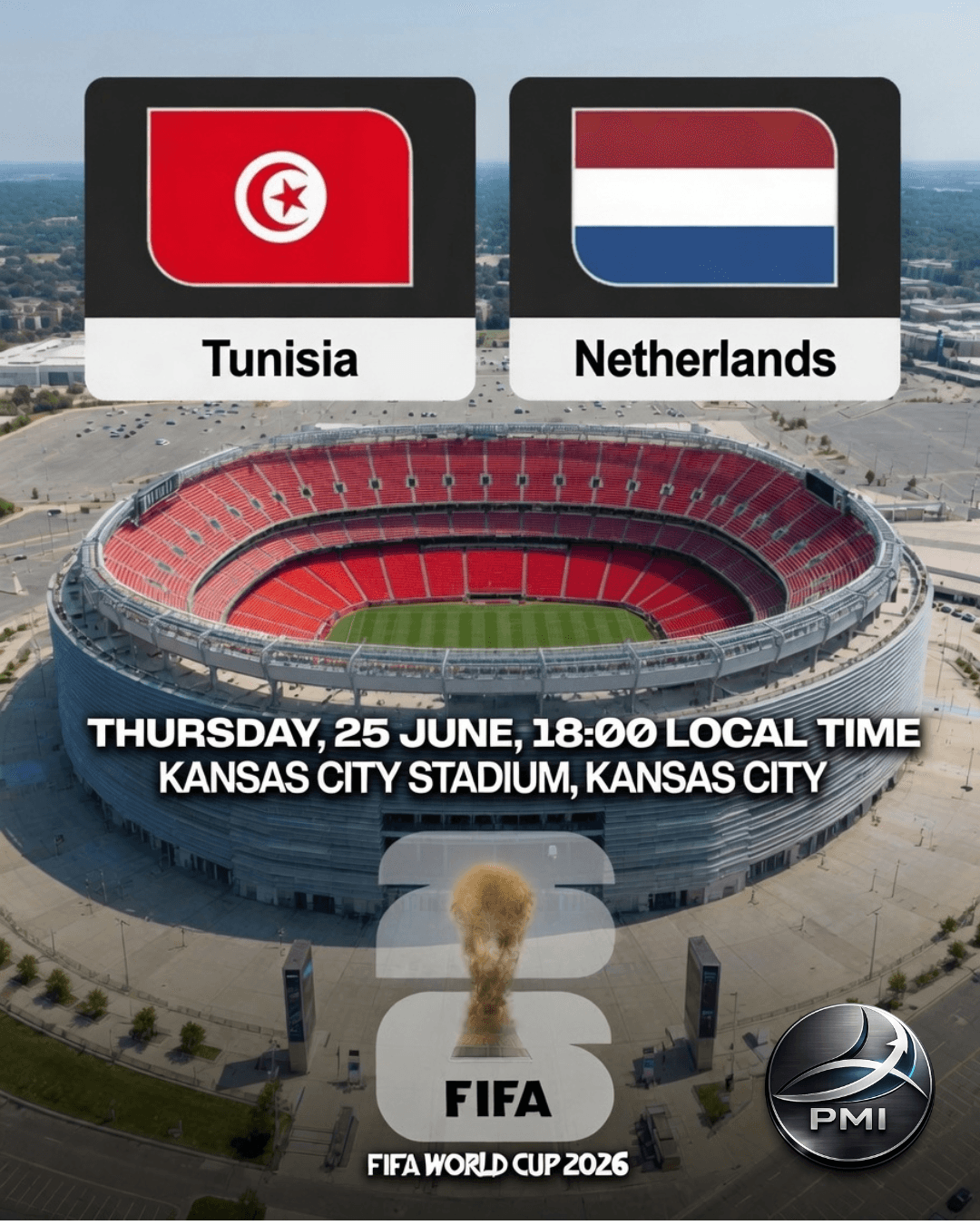 Tunisia vs Netherlands FIFA World Cup 2026 Group F Round 3 match preview poster at Kansas City Stadium.
